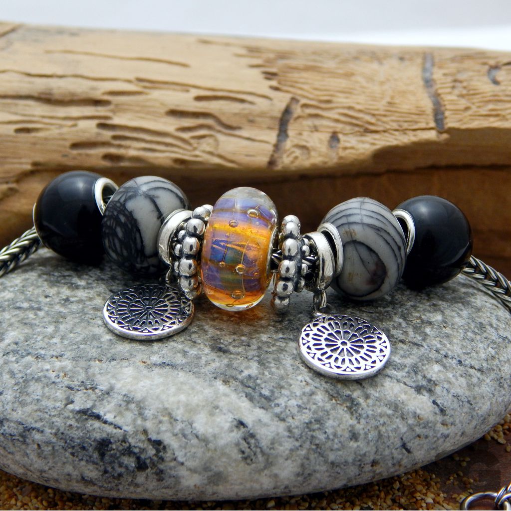 black picasso bead greige-grey big hole smooth 925 sterling silver core glermes