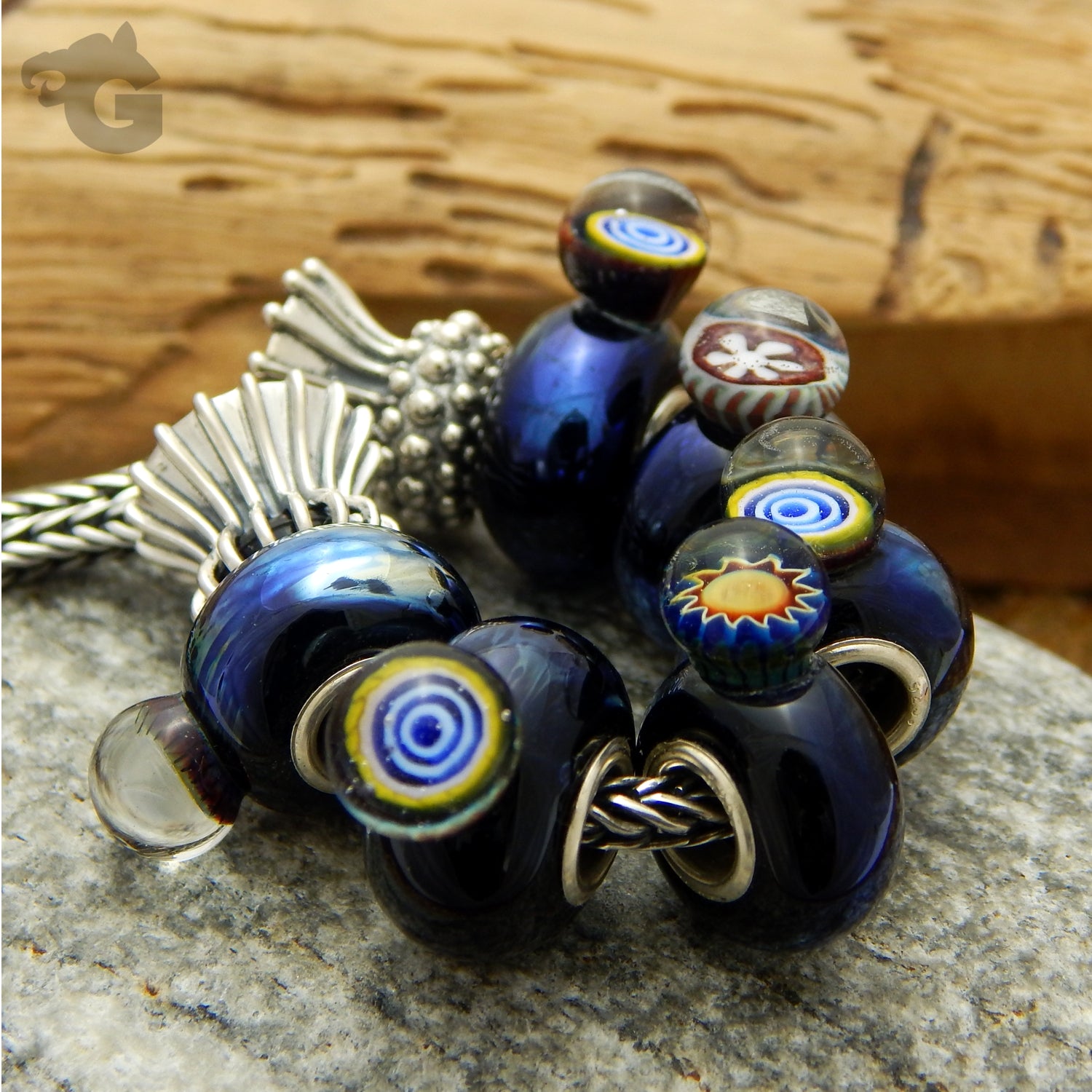 Drop charm glass bead with Murrini big hole bead fits Pandora Trollbeads True Beadz foxtail chain - Glermes.com