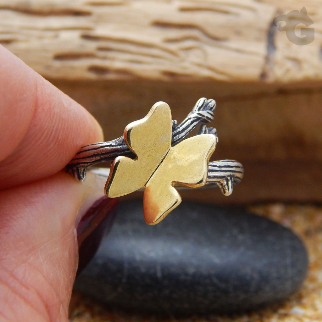 butterfly on branch ring sterling silver and 18 yellow gold resizable wrap ring glermes