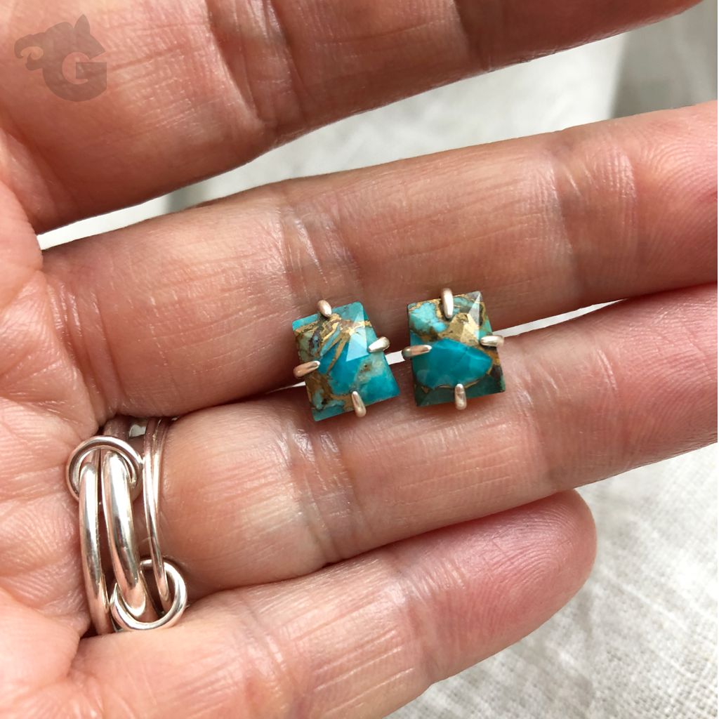 natural trapeze-shaped Copper Turquoise gemstones stud earrings glermes