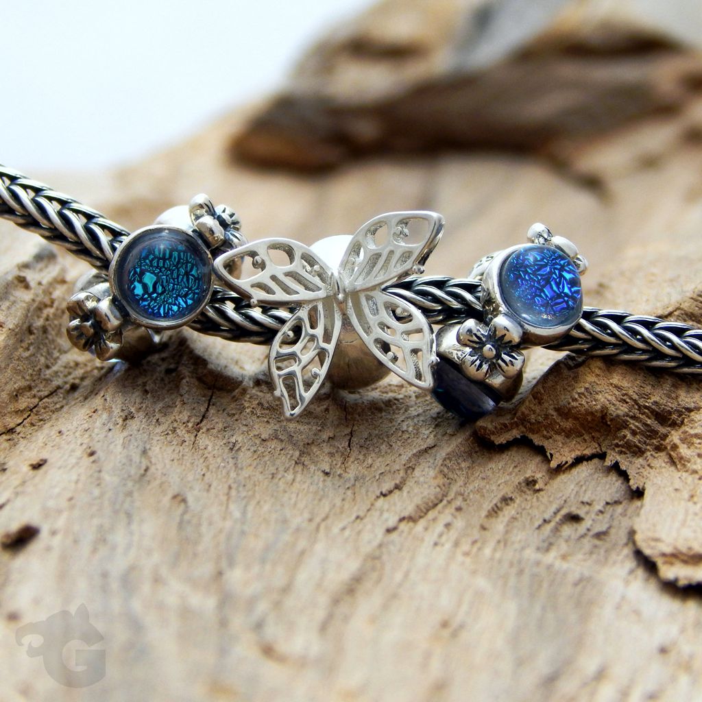 blue green dichroic triple silver charm bracelet