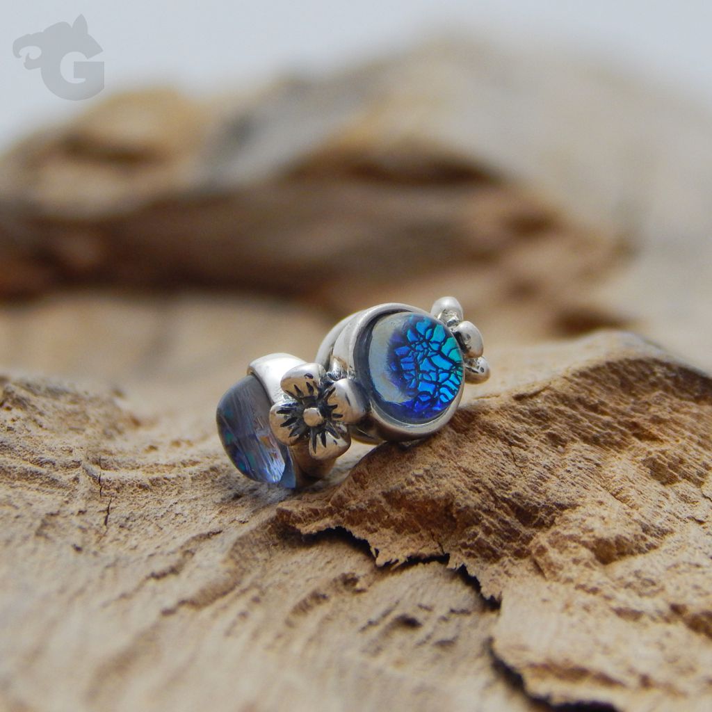 blue dichroic silver bead 925 sterling silver oxidized