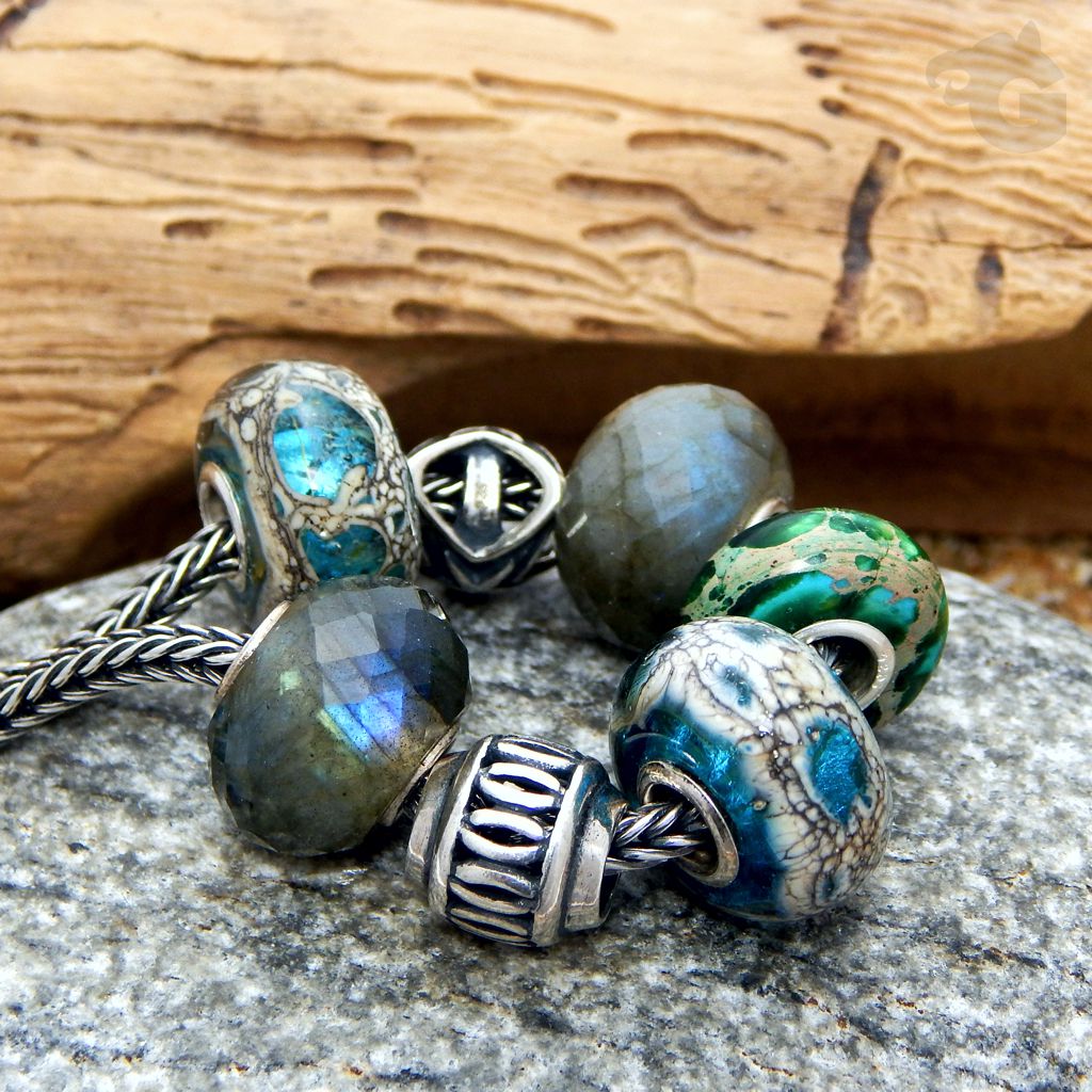 lampwork dark ivory dichroic green blue swirl pattern lagoon bohemian style big hole