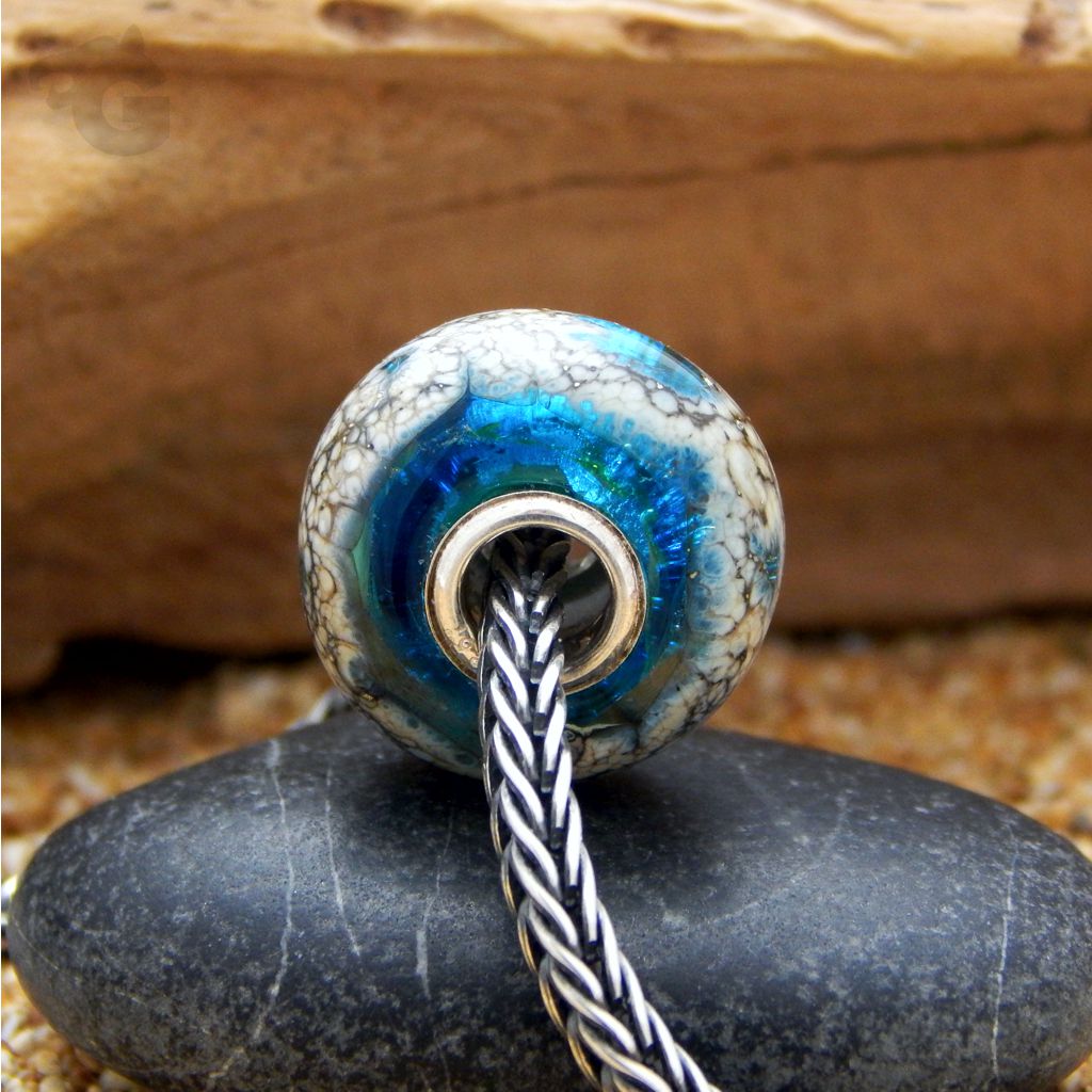 bohemian glass handmade bead bracelet big hole swirl pattern dark ivory blue green dichroic 925 sterling silver core large hole European style