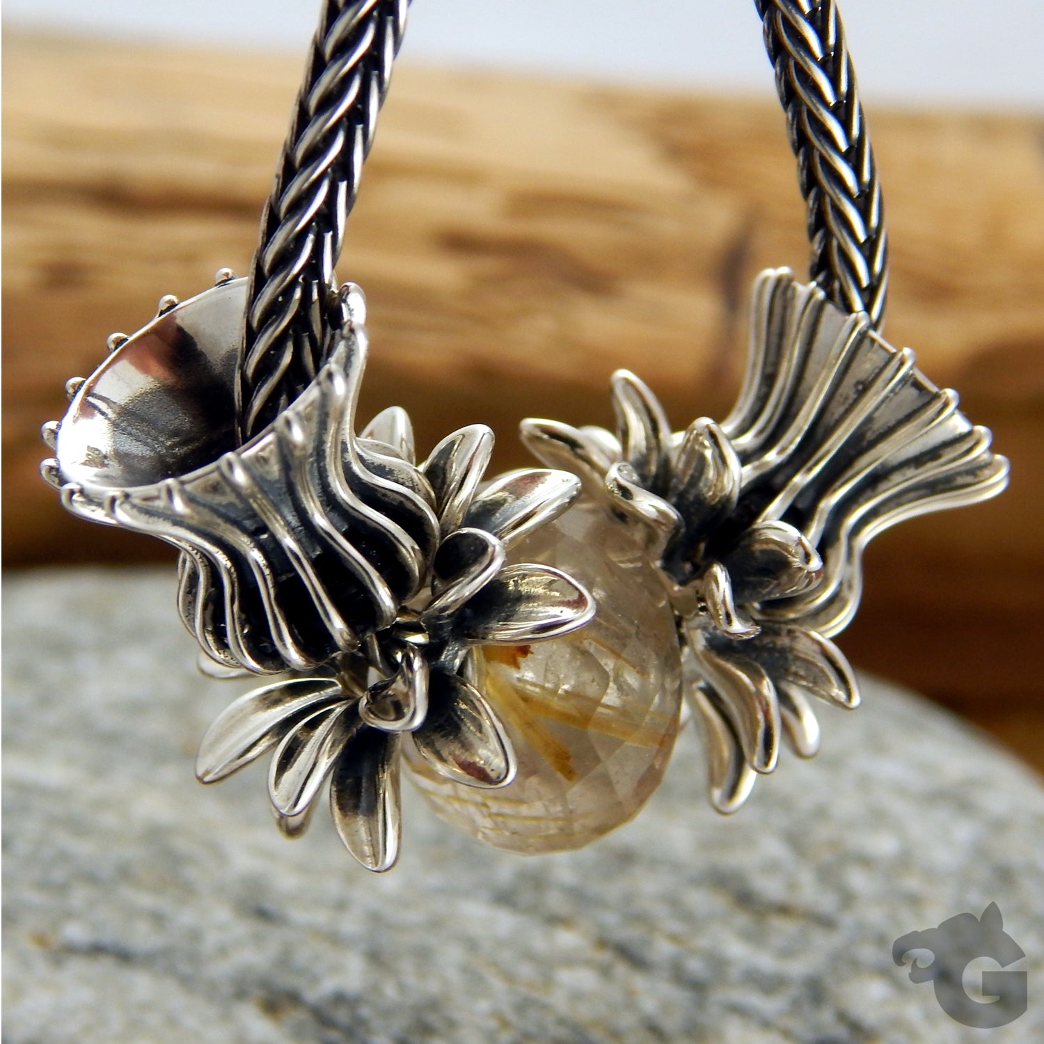 Crinoline Cage 925 Sterling silver oxidized stopper with silicone rubber ring foxtail chain - Glermes.com