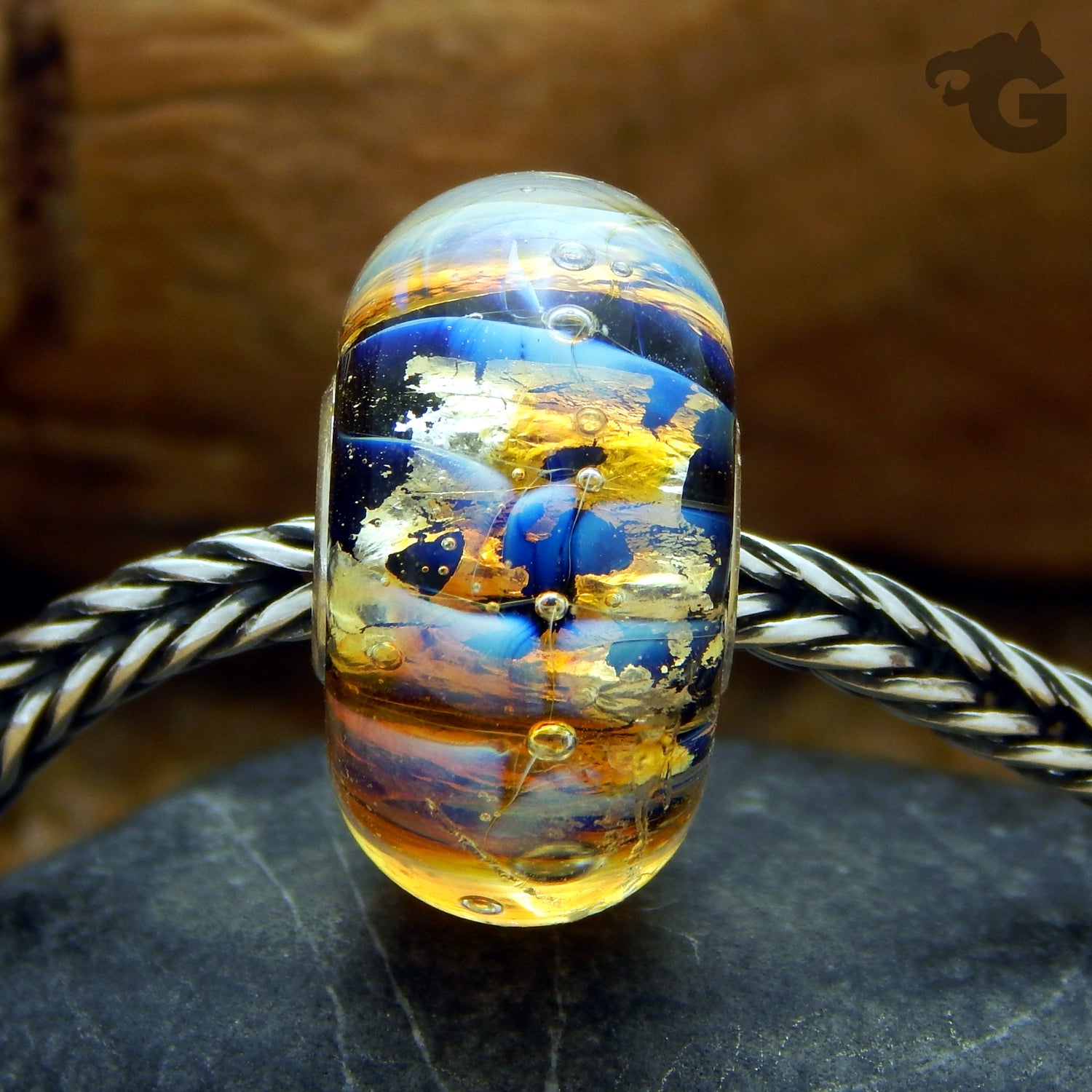 Glass bead bracelet foiled gold blue Midas Universe 925 Sterling silver core European - Glermes