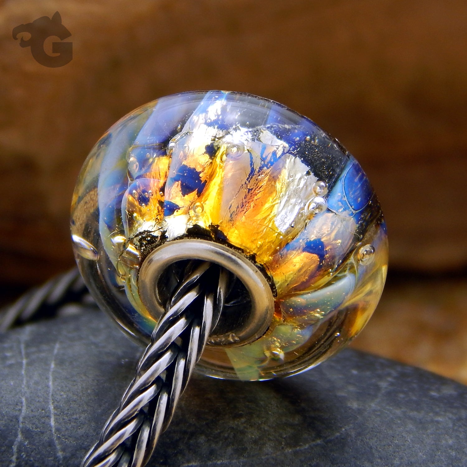 Lampwork gold foil silverglass bead European hole handmade - Glermes
