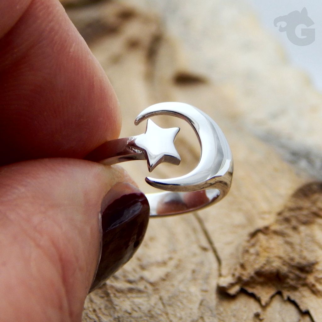 crescent moon and star ring resizable platinum plated 925 sterling silver unisex gift glermes