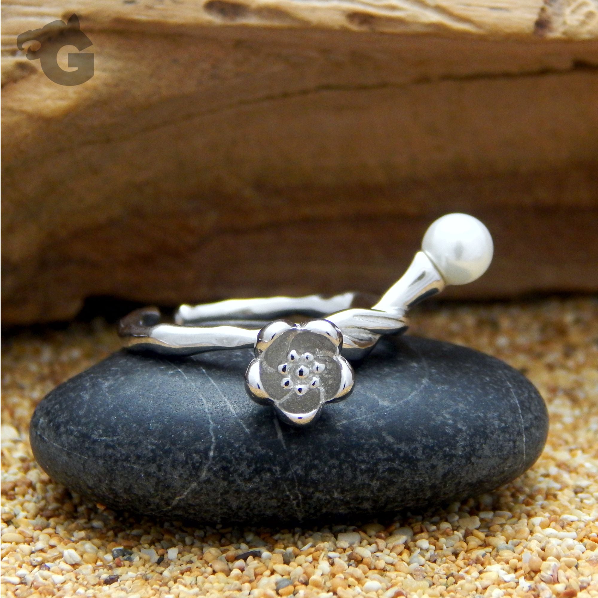 freshwater pearl ring silver open band adjustable platinum plated glermes