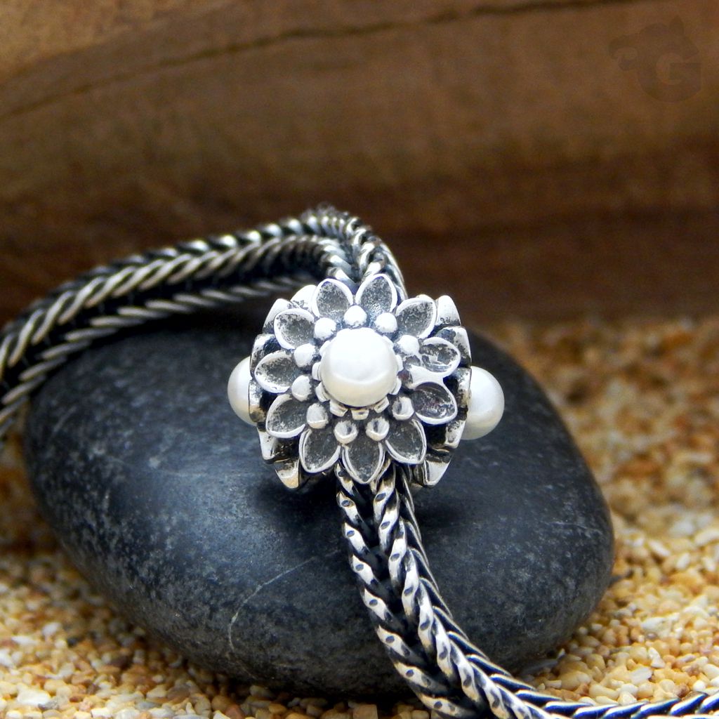 Pearly Waterlily Dahlia silver charm oxidized freshwater pearls 3mm white glermes city of beads studio etsy