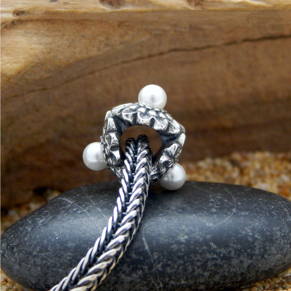 birthstone June pearls charm bracelet triple 3mm 925 sterling silver oxidized big hole