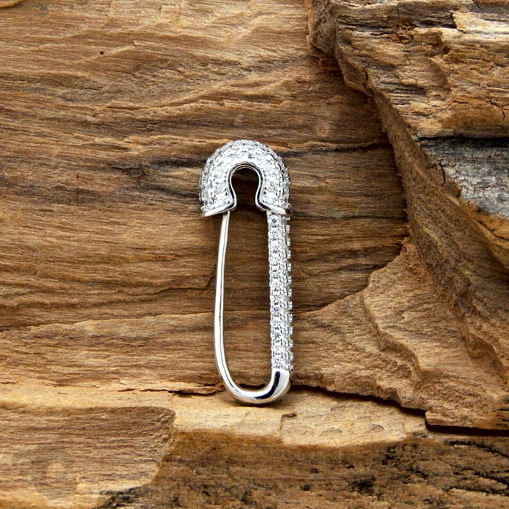 safety pin earring pavé CZ 925 sterling silver
