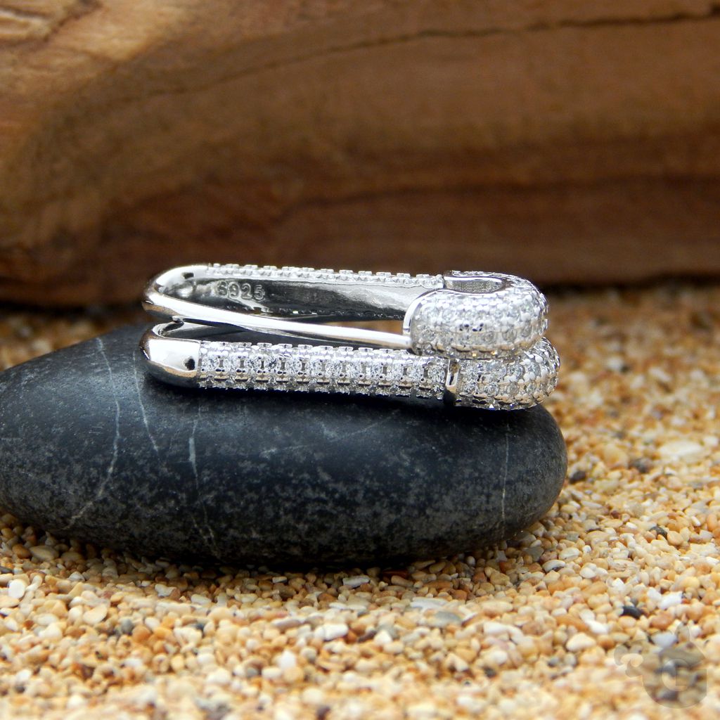 gift for her safety pin earring CZ paved 925 sterling silver