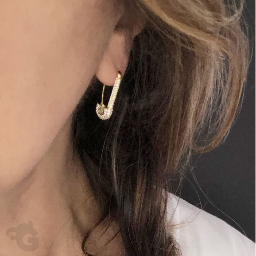 safety pin single earring pave AAA+ CZ 18K Yellow Gold plated 925 sterling silver