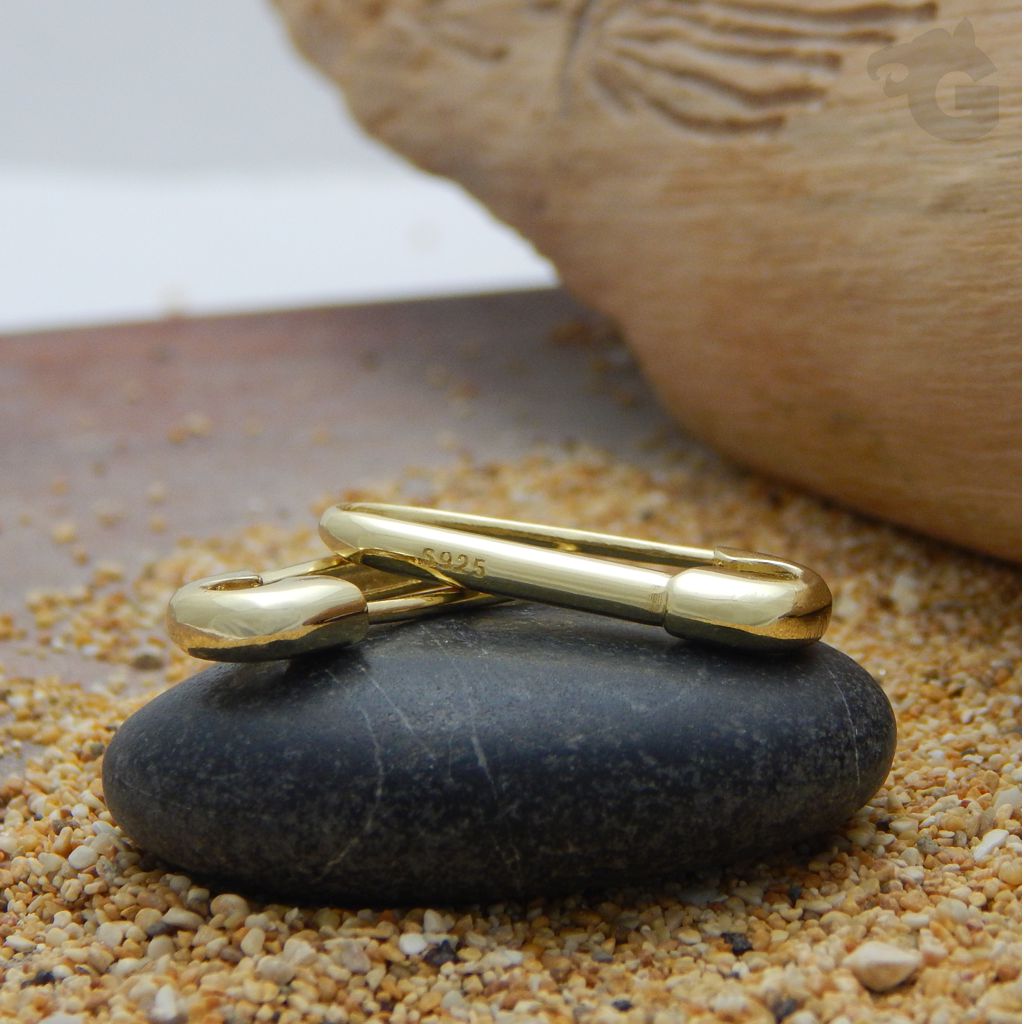 gothic jewelry safety pin 925 sterling silver earring pait or single 18K yellow gold plated glermes city of beads studio