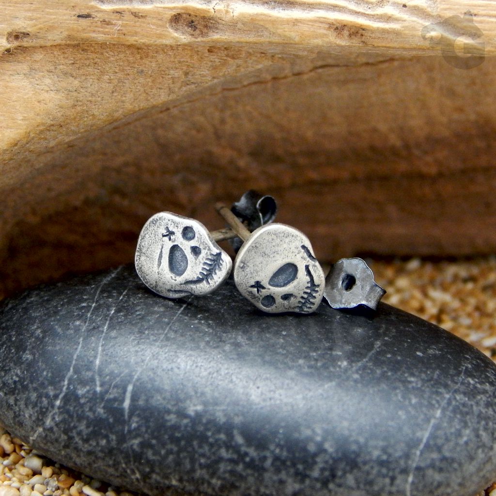 halloween jewelry skul stud earrings oxidized 925 silver unisex