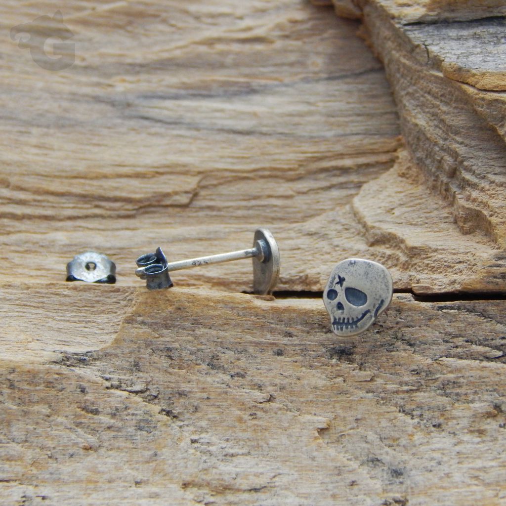 skull cross stud earrings oxidized black 925 silver gift for him