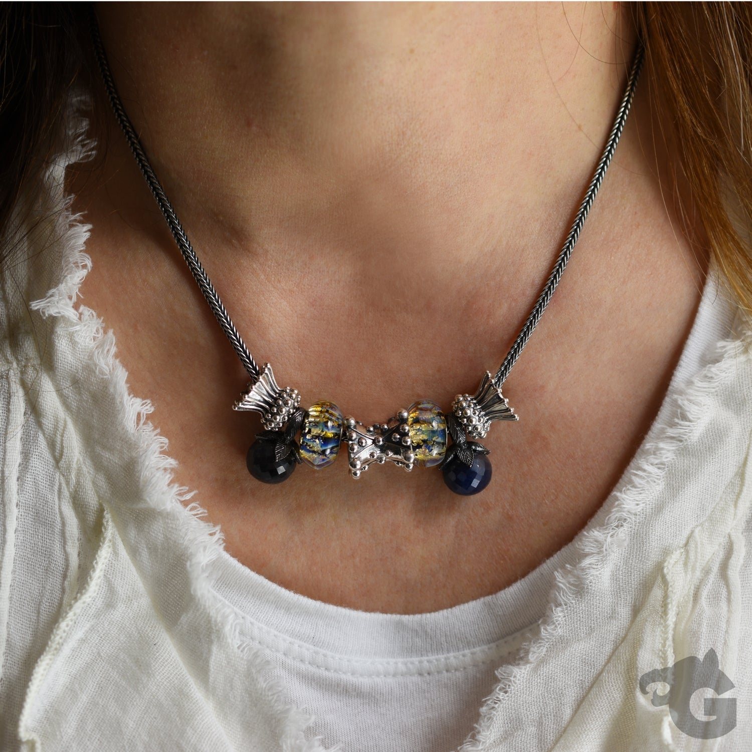 Silicone stopper bead bracelet necklace foxtail chain 925 sterling silver oxidized Crinoline Urchin - Glermes.com