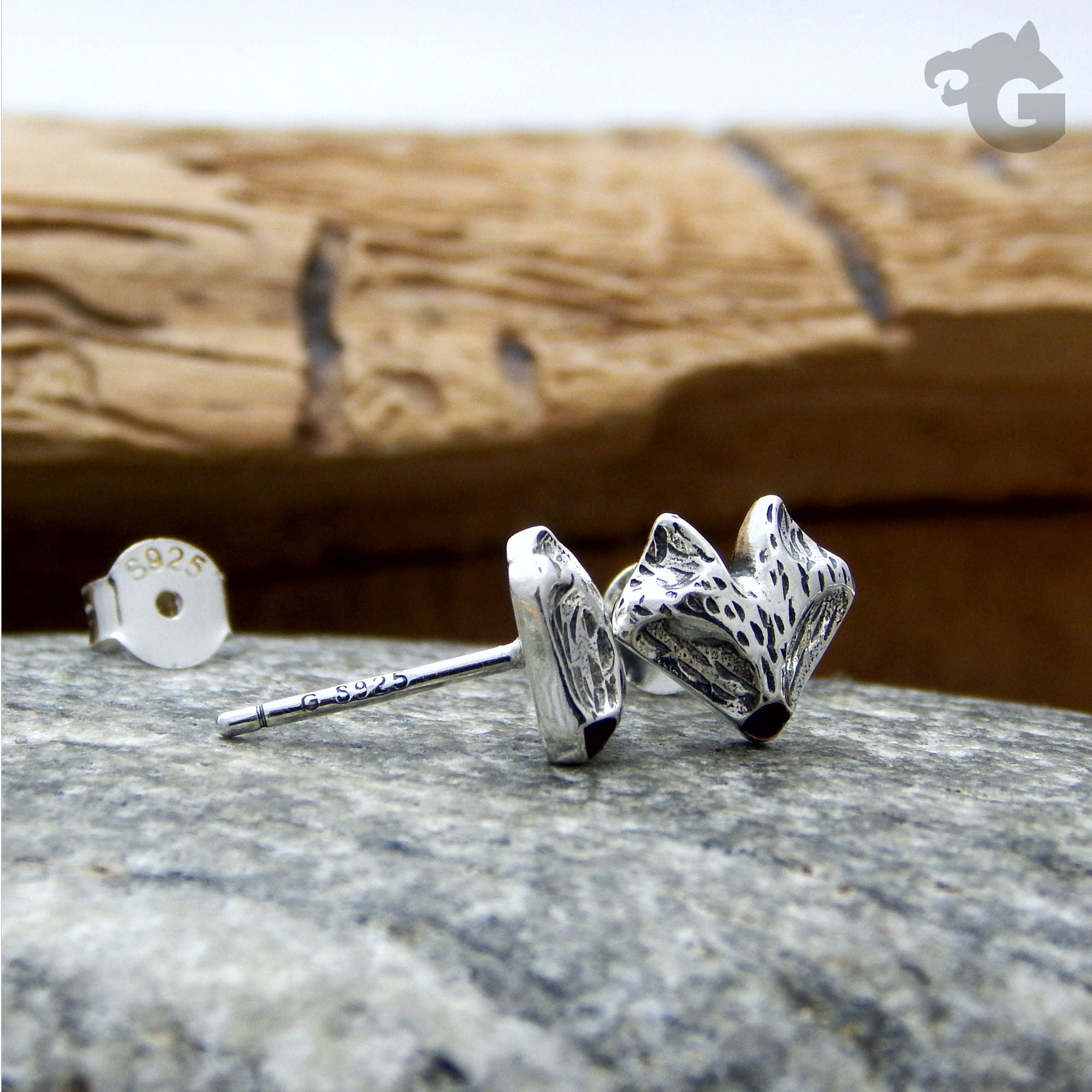 Woodland Fox earrings with brown enamel nose and oxidized face