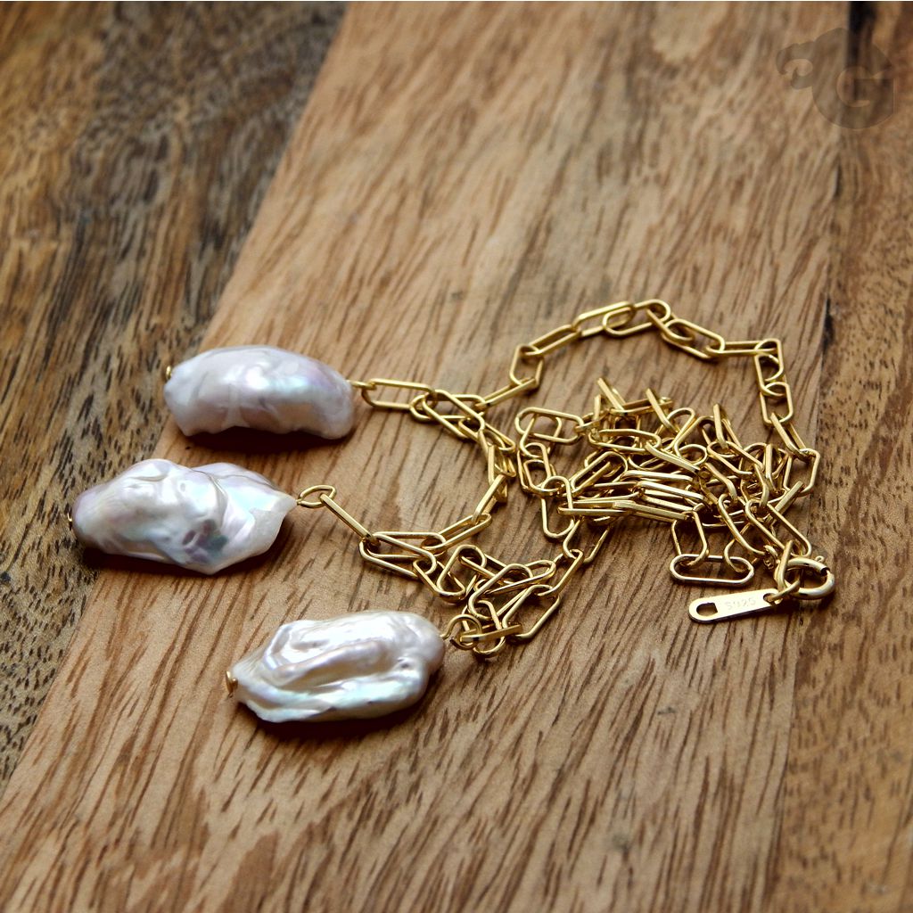 natural rough baroque coin freshwater pearls necklace paperclip chain 925 sterling silver 18K yellow gold plated city of beads studio glermes