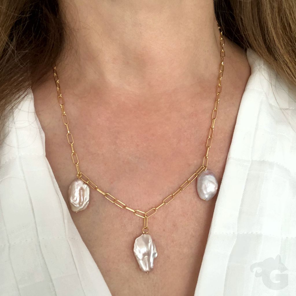catchy bohemian solid 925 sterling silver paper clip/link chain necklace with a spring-ring lock plated with 18K Yellow Gold with 3 irregular Natural Rough White Baroque Coin Freshwater pearl pendants