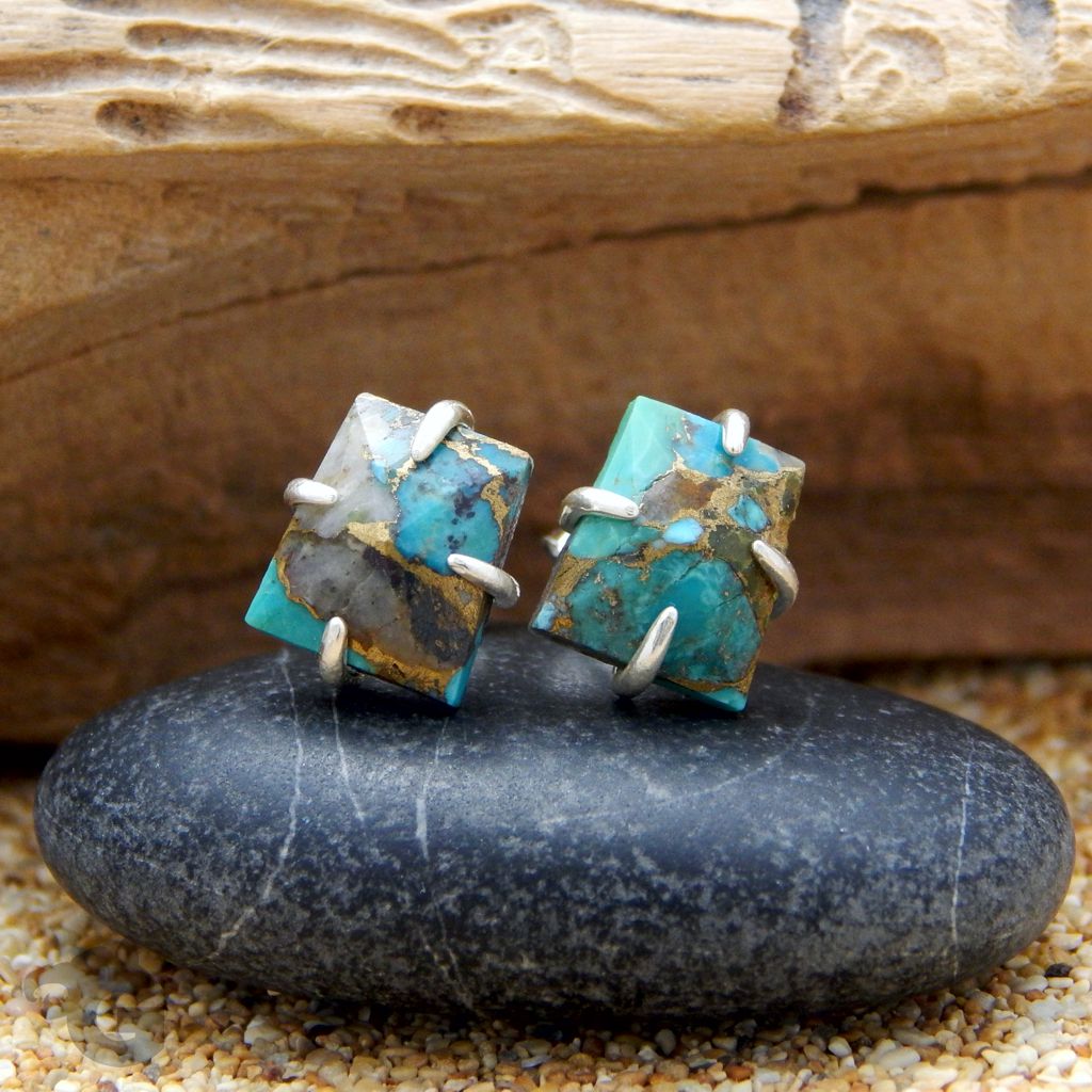 blue copper turquoise earrings stud 4 prong settings glermes 925 sterling silver 