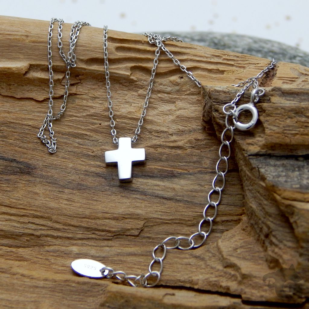cross pendant necklace 925 sterling silver rhodium plated cable chain extension