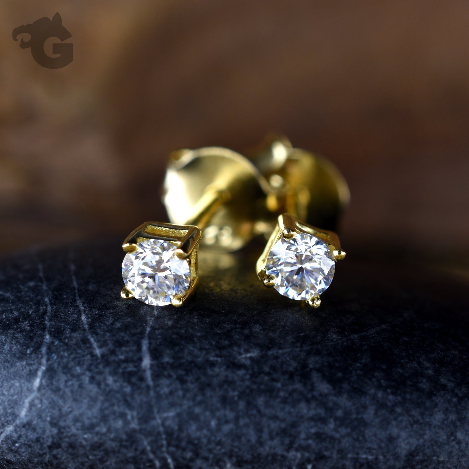 Moissanite stud earrings yellow gold 18K white colorless 3mm - Glermes.com