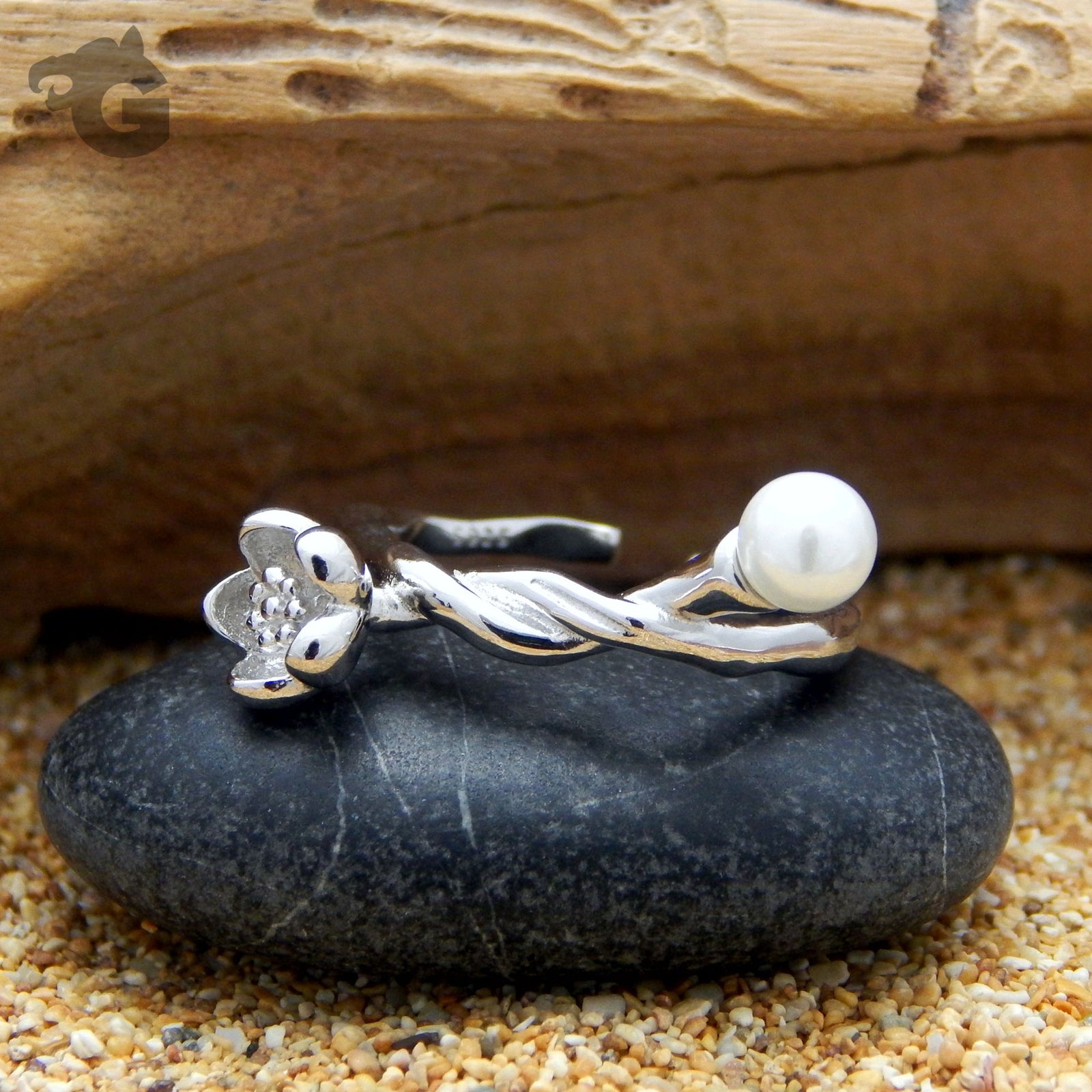 pearl ring dainty floral open band resizable platinum plated glermes